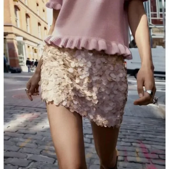 NWT Zara Sequin Mini Skirt in Dusty Pink - Picture 5 of 8
